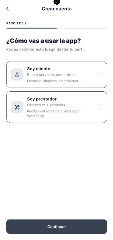 Elige si eres cliente o prestador